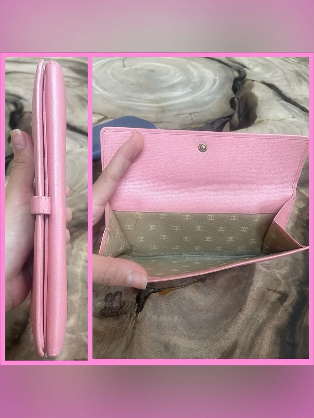 Chanel continental iridescent pink gold long wallet.